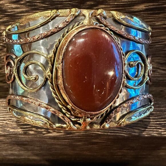 Elegant Adjustable Cuff Bracelet with Red Onyx and Mixed Metals, Gift-Ready Box - Picture 1 of 15